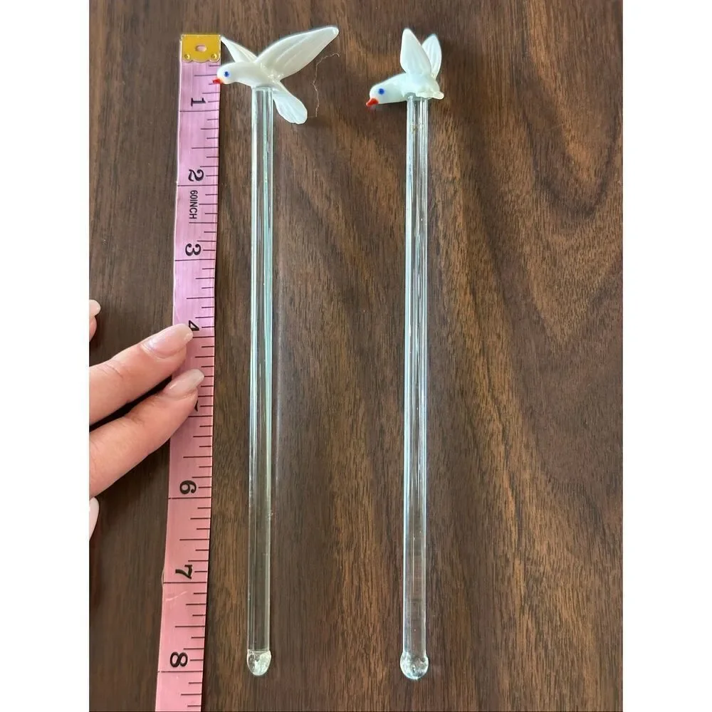 VTG MCM Hand Blown Art Glass White Birds Swizzle Stick Drink Stirrer Collectible